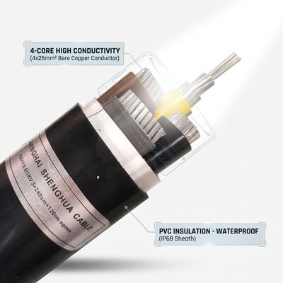 IP68 câble d'alimentation isolé en PVC imperméable à l'eau 0,6 / 1kV 4x25mm2 enterrement direct souterrain fournisseur